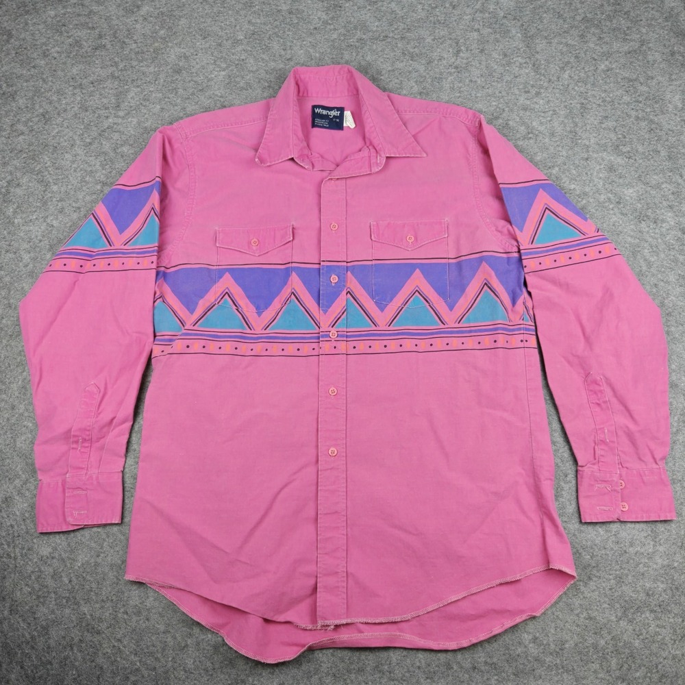 Vintage Wrangler Brushpopper Shirt Men's XL Aztec Pink Western USA X-Long Tails